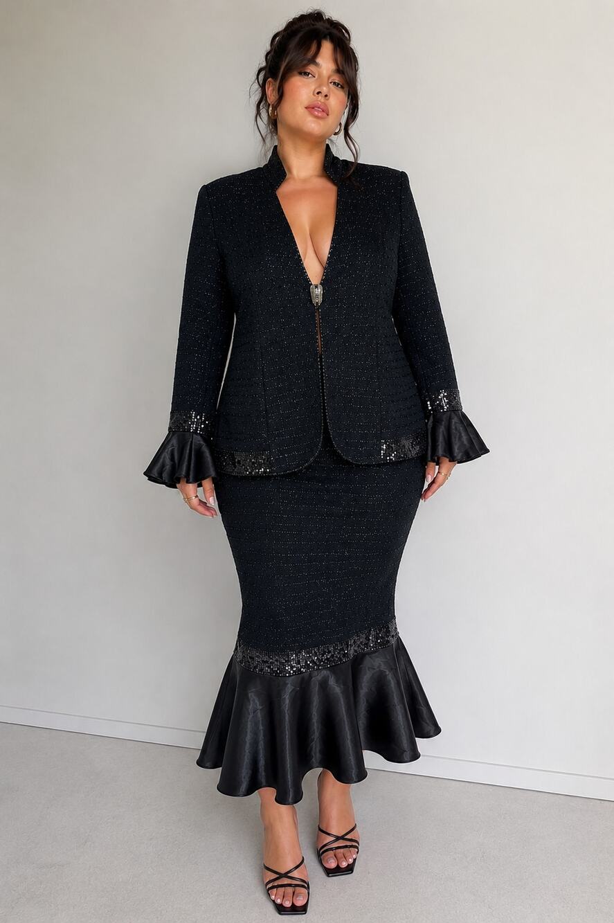 Vintage Tango Suits Black Sequin Rhinestone Skirt Suit Set Size 12